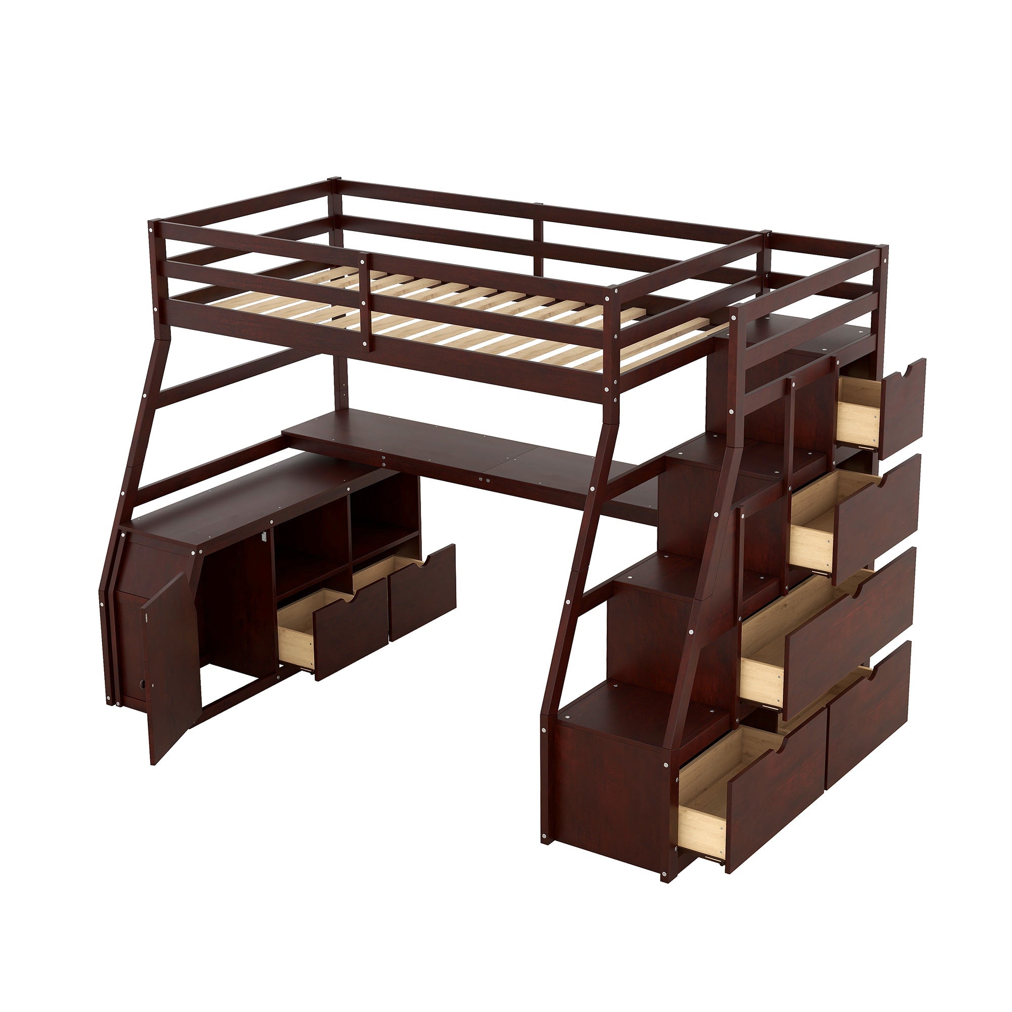 Twin Size Loft Bed with 7 Drawers 2 Shelves and Desk