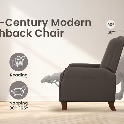 Recliner Chair, Mid-Century Modern Pushback Chair for Bedroom, Adjustable Single Upholstered Sofa with Brass Nailhead Trim, Faux Leather Recliners Armchair for Living Room, Saddle Brown-4