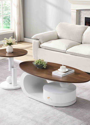 Luxury Nesting Coffee Table Set of 2,  Tables with Storage for Living Room, Oval and Round Table Set, White Center Table, Cocktail Table, Side Table,  Large 47.24'', Small 19.69''-1
