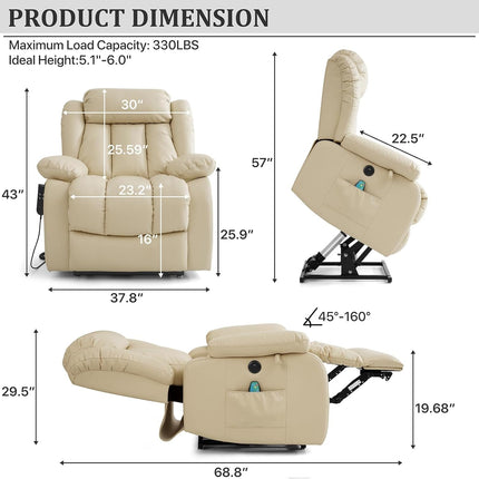 Dual Motor Large Power Lift Recliner Chair Recliners for Elderly, Infinite Position Recliner Chair with Heat and Massage, Breathable Leather(Beige)-1