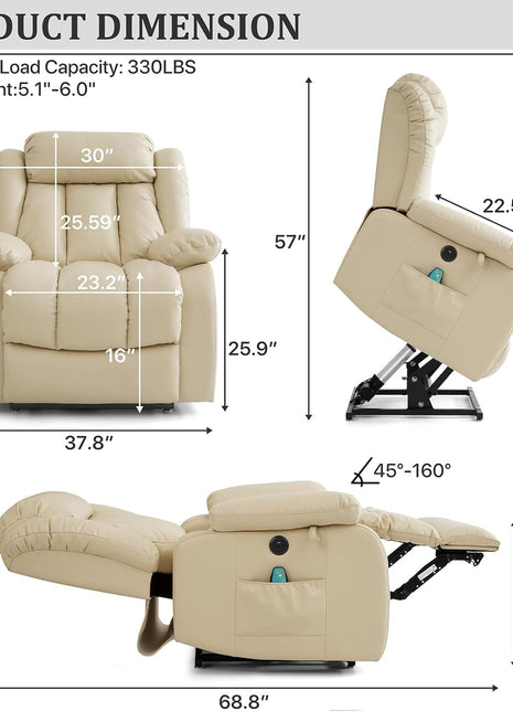 Dual Motor Large Power Lift Recliner Chair Recliners for Elderly, Infinite Position Recliner Chair with Heat and Massage, Breathable Leather(Beige)-1