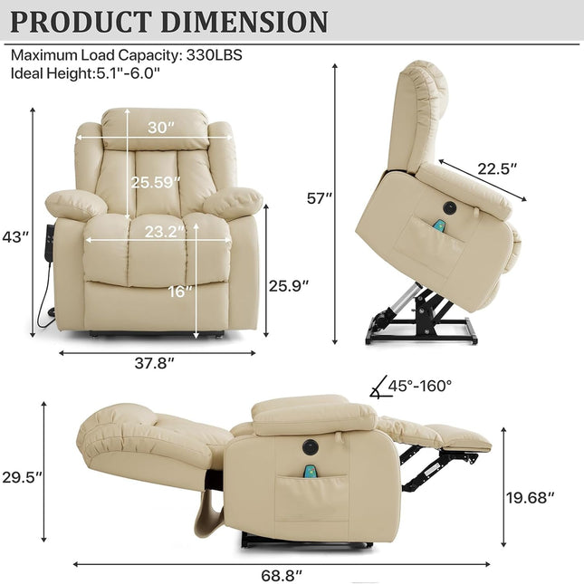 Dual Motor Large Power Lift Recliner Chair Recliners for Elderly, Infinite Position Recliner Chair with Heat and Massage, Breathable Leather(Beige)-1