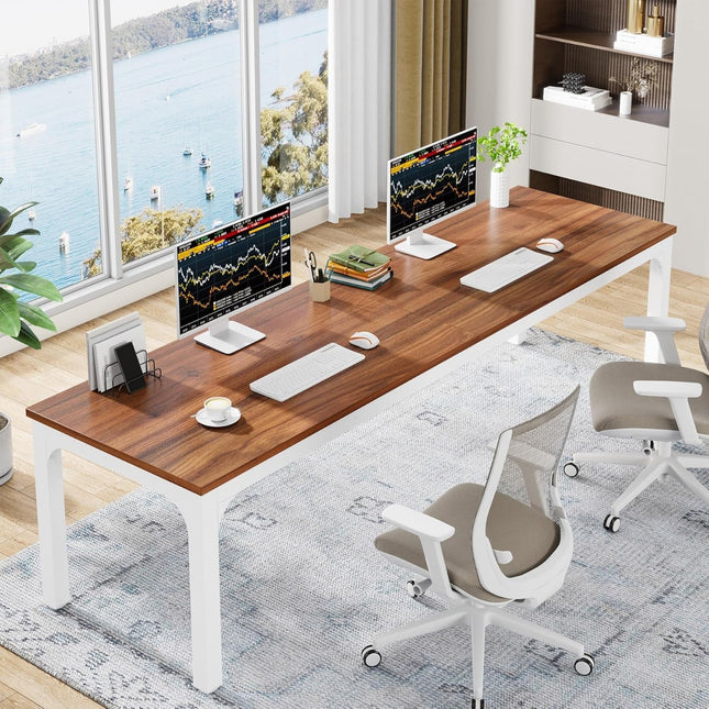 78.7 Inches Extra Long Computer Desk 2 Person Desk, Double Long Desk, Workstaion for Home Office (Walnut+White)-0