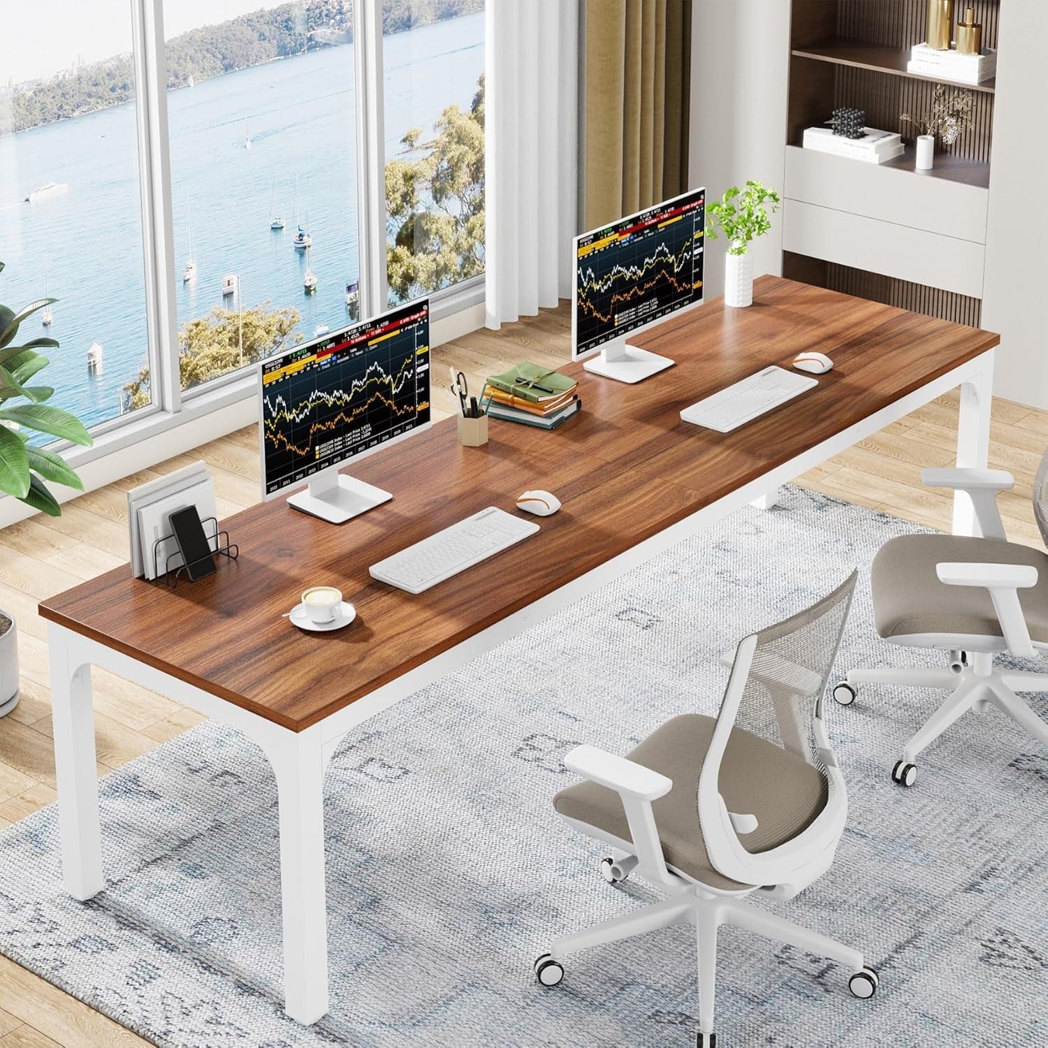 78.7 Inches Extra Long Computer Desk 2 Person Desk, Double Long Desk, Workstaion for Home Office (Walnut+White)-0