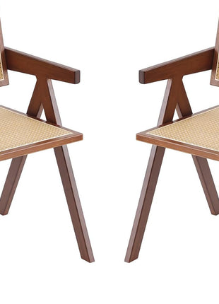 Rattan Dining Chairs Set of 2, Mid Century Modern Armchairs, Wooden Kitchen Chairs for Dining Room, Living Room, Walnut-0