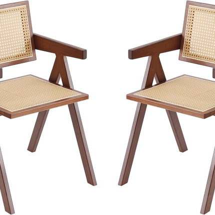 Rattan Dining Chairs Set of 2, Mid Century Modern Armchairs, Wooden Kitchen Chairs for Dining Room, Living Room, Walnut-0