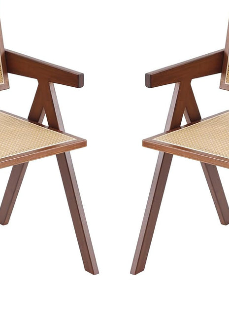 Rattan Dining Chairs Set of 2, Mid Century Modern Armchairs, Wooden Kitchen Chairs for Dining Room, Living Room, Walnut-0