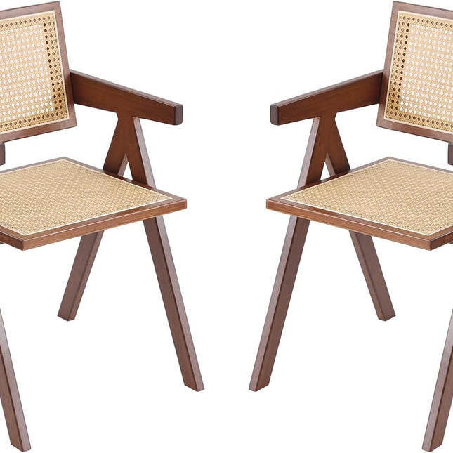 Rattan Dining Chairs Set of 2, Mid Century Modern Armchairs, Wooden Kitchen Chairs for Dining Room, Living Room, Walnut-0
