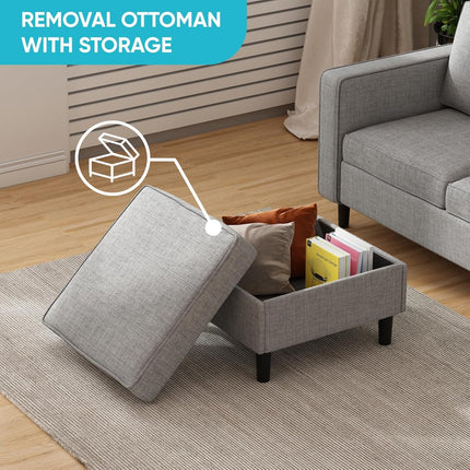Light Grey Linen 6-Seater Modular Sectional Sofa, Side Pockets, Movable Storage Ottoman