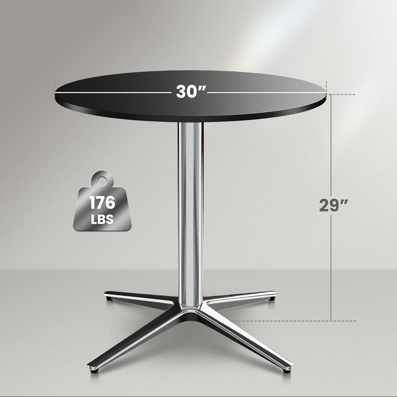 Round table with dimensions and weight capacity labeled, featuring the Phi Villa brand.