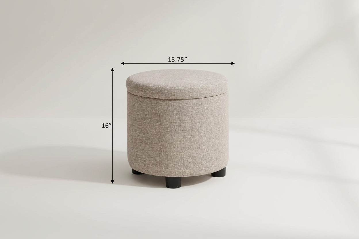 Round storage ottoman with dimensions labeled on a white background