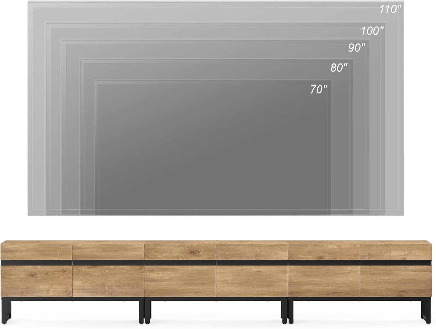 Wooden TV stand with a large flat-screen TV displaying measurement scale.