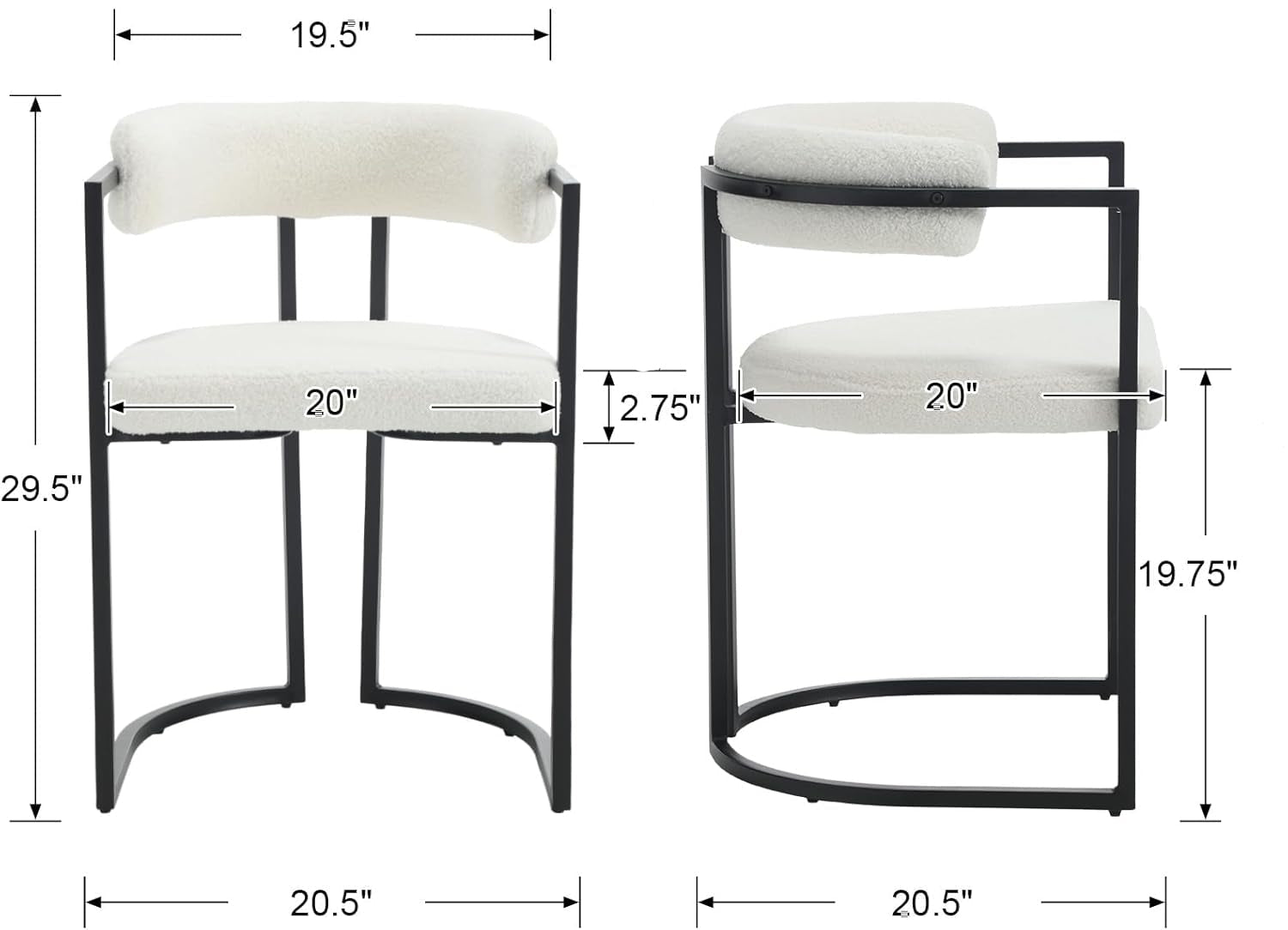 Dimensions of a modern chair with white cushioned seats and black metal frames.