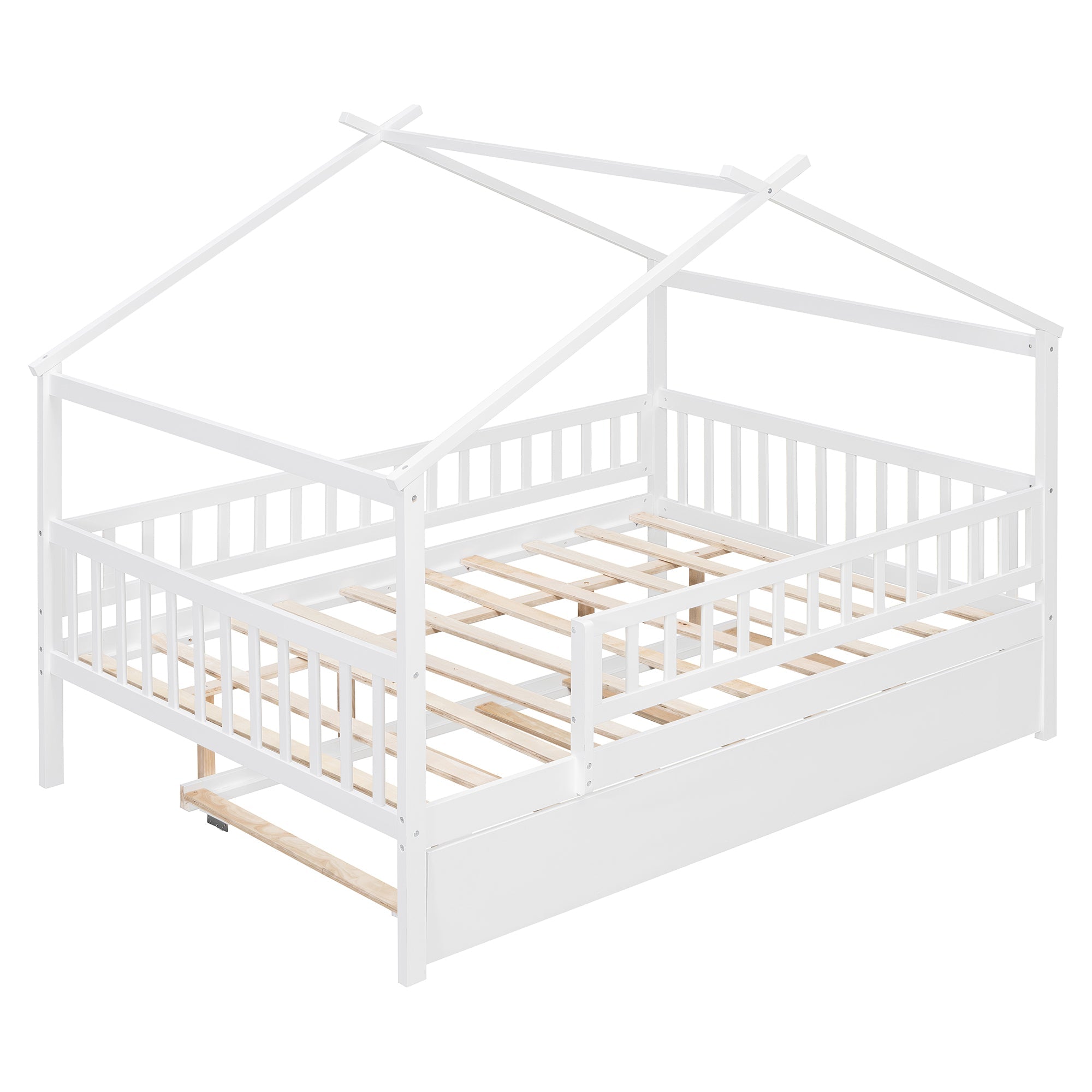 Full Size Wooden House Bed with Twin Size Trundle