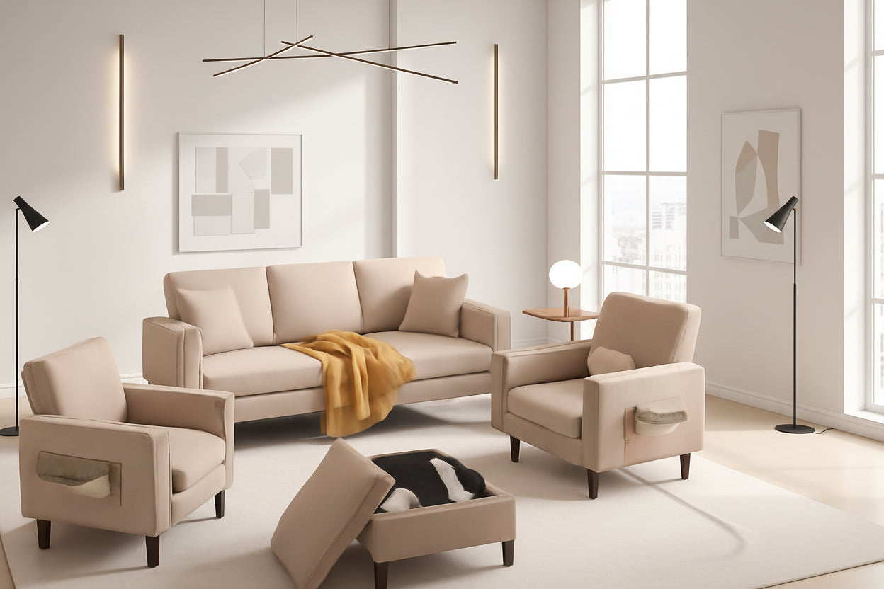 Beige Sectional Sofa Set With Movable Storage Ottoman-0