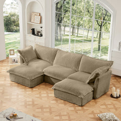 Slipcovered U Shape Sectional Deep Seat Sofa Couch, 3 Seater Sofa with French Edges Design Multiple Big Pillows, Modular Deep Seat Sectional Sofa Comfy Cloud Couch for Living Room, Apartment, Camel-0