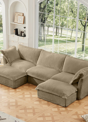 Slipcovered U Shape Sectional Deep Seat Sofa Couch, 3 Seater Sofa with French Edges Design Multiple Big Pillows, Modular Deep Seat Sectional Sofa Comfy Cloud Couch for Living Room, Apartment, Camel-0
