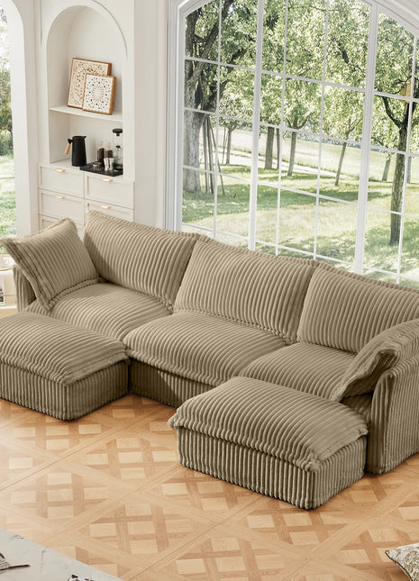 Slipcovered U Shape Sectional Deep Seat Sofa Couch, 3 Seater Sofa with French Edges Design Multiple Big Pillows, Modular Deep Seat Sectional Sofa Comfy Cloud Couch for Living Room, Apartment, Camel-0