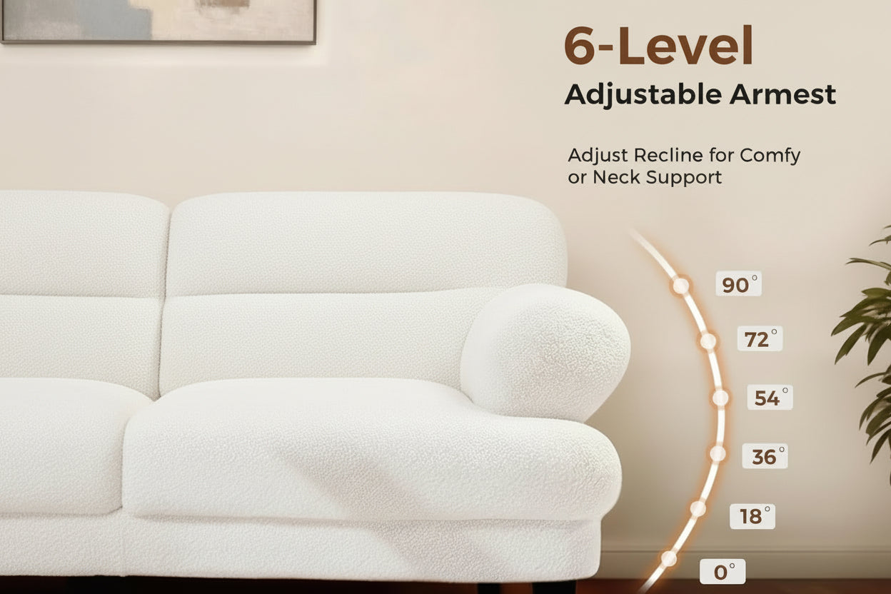 Woman lying on a couch reading a book with a 6-level adjustable armrest illustration.