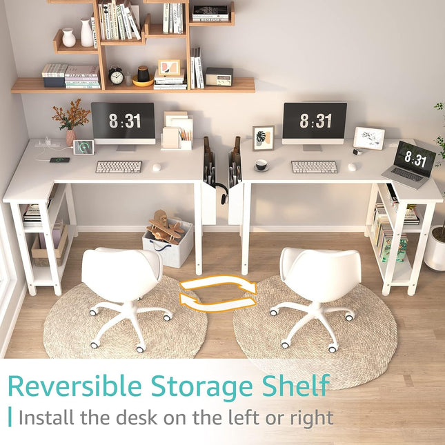 White L Shaped Computer Desk with Power Outlet Shelves, 40 Inch Small Corner Desk for Small Space Home Office, L-Shaped Desk PC Desks, White-4