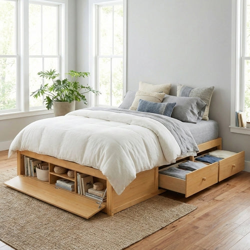 Platform Bed Frame with 4 Storage Drawers and Hydraulic Lift Footboard