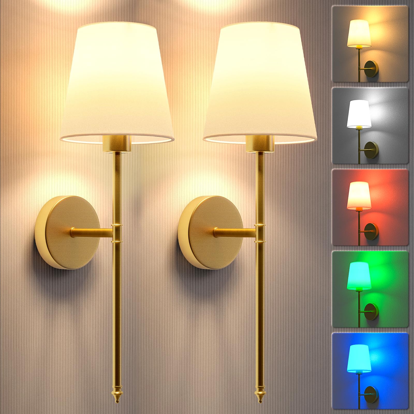 Two wall-mounted lamps with gold fixtures and white shades on a textured wall.