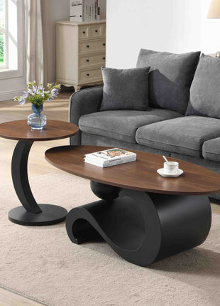 Black Nesting Coffee Table Set of 2, Oral and Round Coffee Table Set, Industrial Table for Living Room, Large 47.24'', Small 19.69''-2
