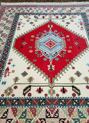 Vintage Moroccan Carpet 5x7 Area Rug, Berber Rug, Handmade Soft Wool Rug, Red Ivory and Blue, Geometric Medallion Rug, Bohemian Rug, Nice-3