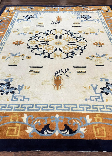 Indo Chinese Rug 9x12, Asian Oriental Carpet 9 x 12, Cream & Burnt Orange, Handmade Wool Vintage Art Deco Rug-0