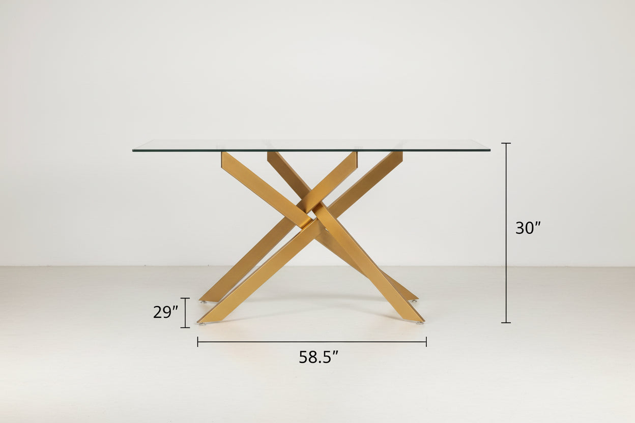 Dining table with gold metal legs and clear glass top, dimensions shown.