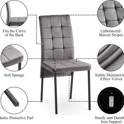 Upholstered Velvet Dining Chairs Classic Kitchen High Back Chairs Set of 4, Featured Dovetail Tufted Side Chairs, Black Metal Legs, Grey-1