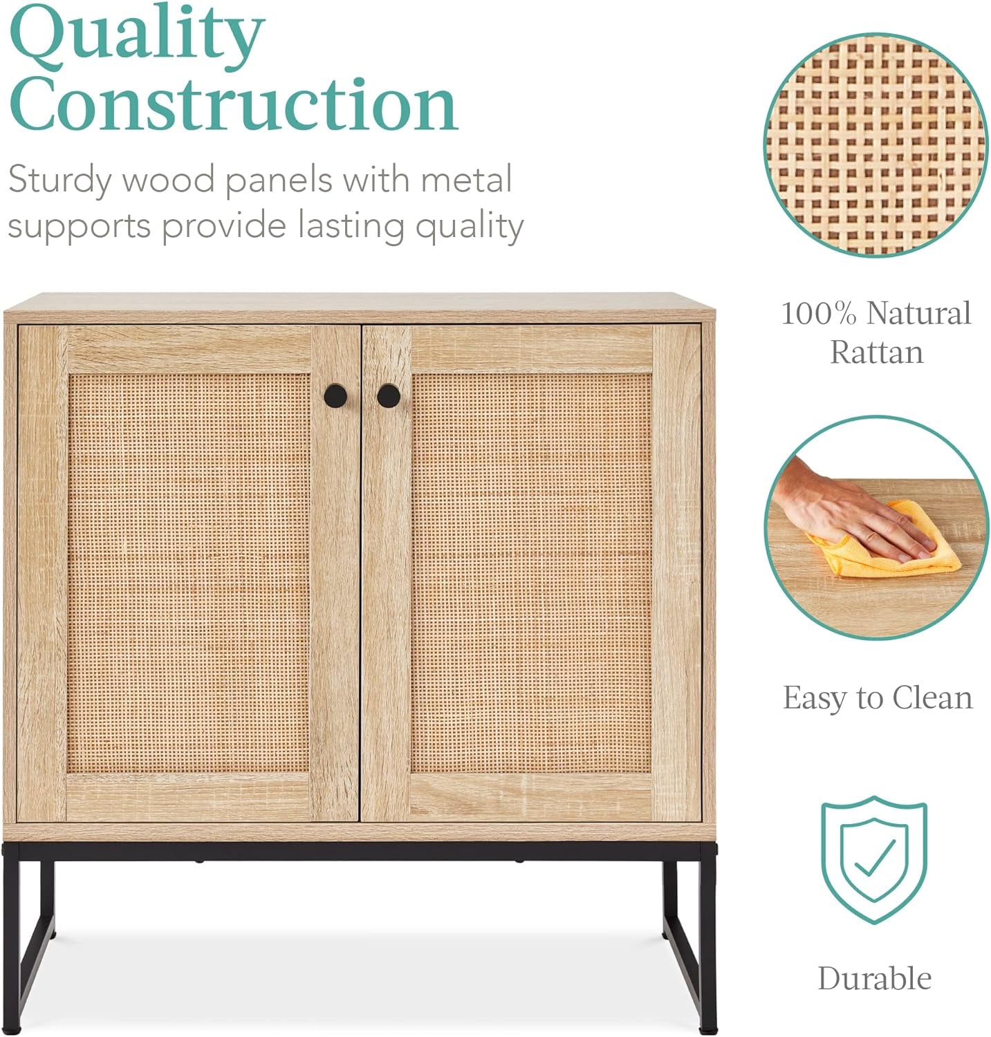 Two Door Rattan Storage Cabinet Natural Finish With Non Scratch Foot