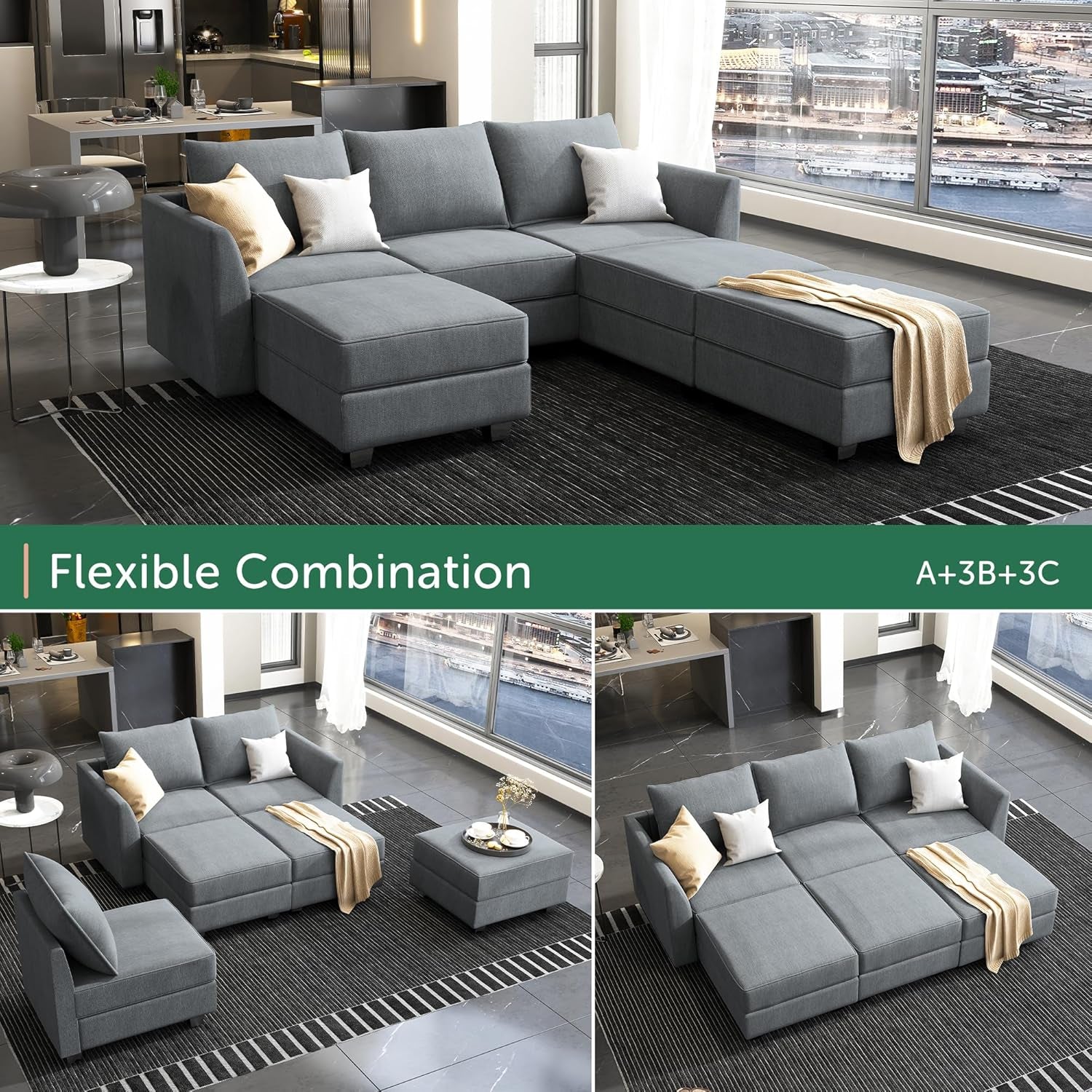 Gray sectional sofa with flexible combination feature in a modern living room setting.