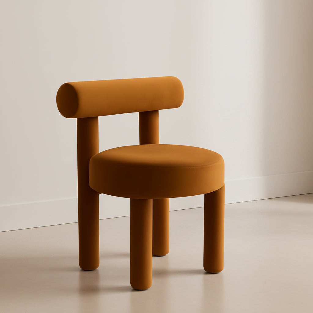 Mustard yellow chair in a minimalistic room with a wooden side table and bowl.