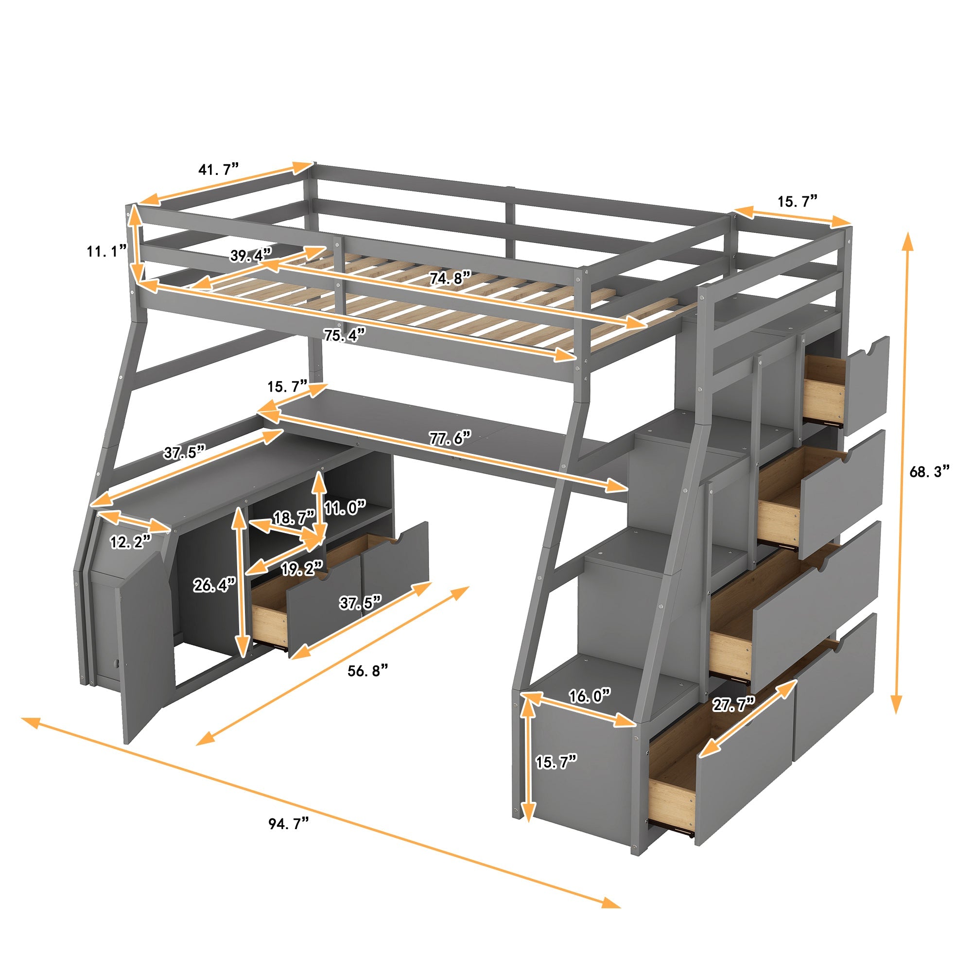 Twin Size Loft Bed with 7 Drawers 2 Shelves and Desk