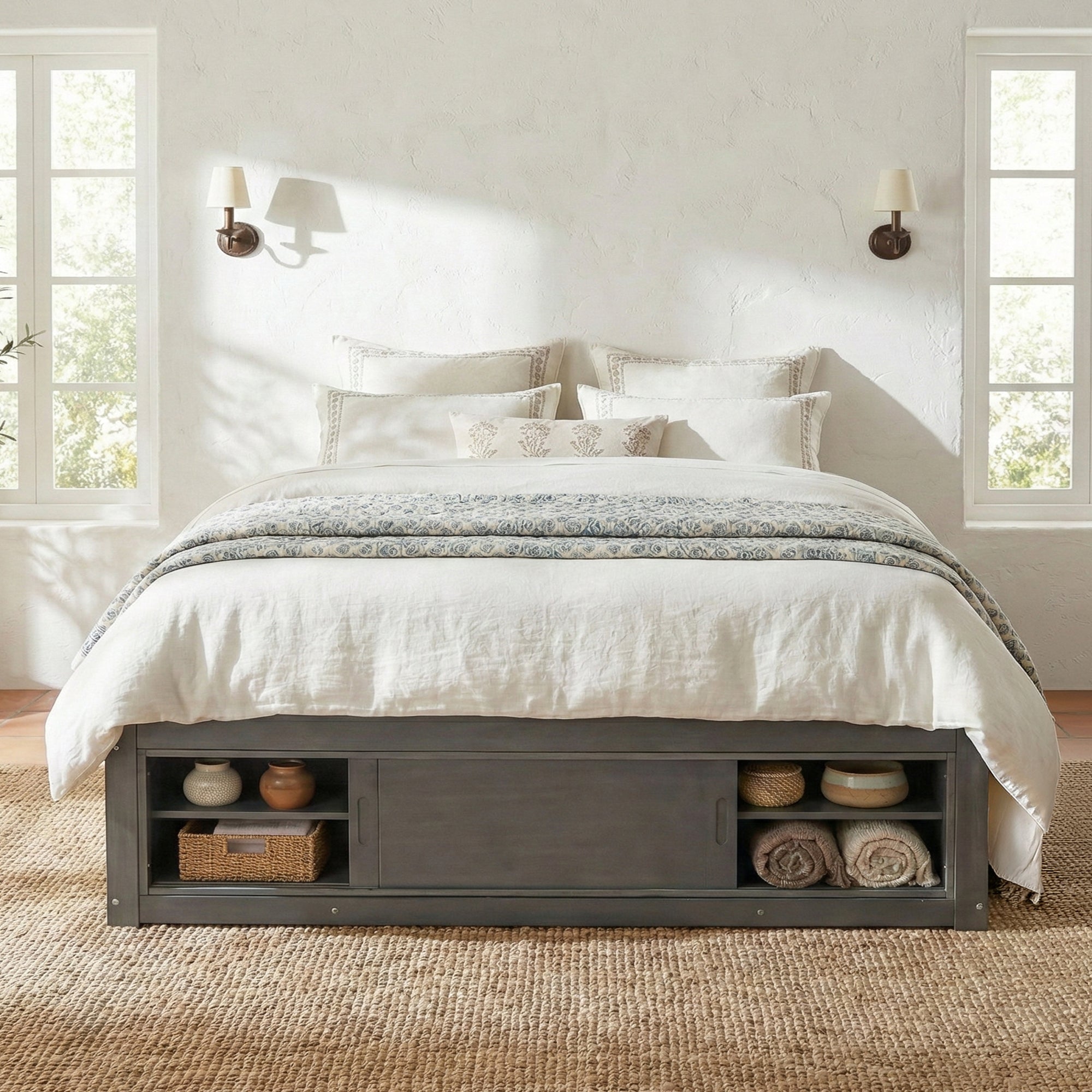 Platform Bed Frame with 4 Storage Drawers and Footboard Storage Cubby,