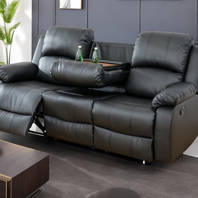 Black Vegan Leather 3-Seater Reclining Sofa Table, Cup Holders-0