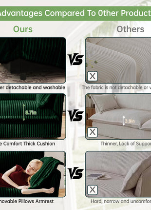 Living Room Sofa Slipcovered Sofa 3 Seater Sofa With 3 Ottomans, Oversized 3-Seat Sleeper Sofa Bed Home Theater Sofa, Corduroy, Green