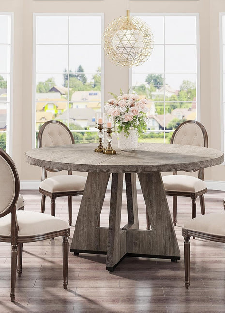 round Dining Table Wood Kitchen Table for Dining Room Living Room, 47 Inches Dining Room Tables for 4 Person, Farmhouse Dinner Table with Wooden Table Top and Legs, Rustic Grey(Only Table)-2