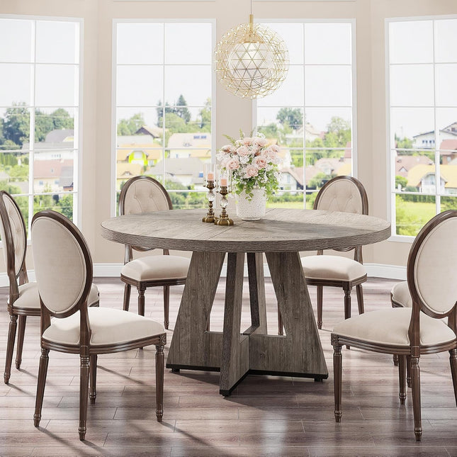 round Dining Table Wood Kitchen Table for Dining Room Living Room, 47 Inches Dining Room Tables for 4 Person, Farmhouse Dinner Table with Wooden Table Top and Legs, Rustic Grey(Only Table)-2
