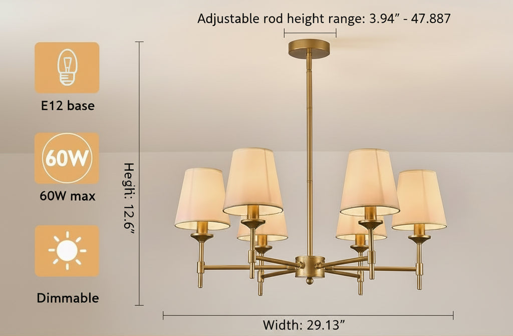 Chandelier with dimensions and bulb compatibility information on a gray background