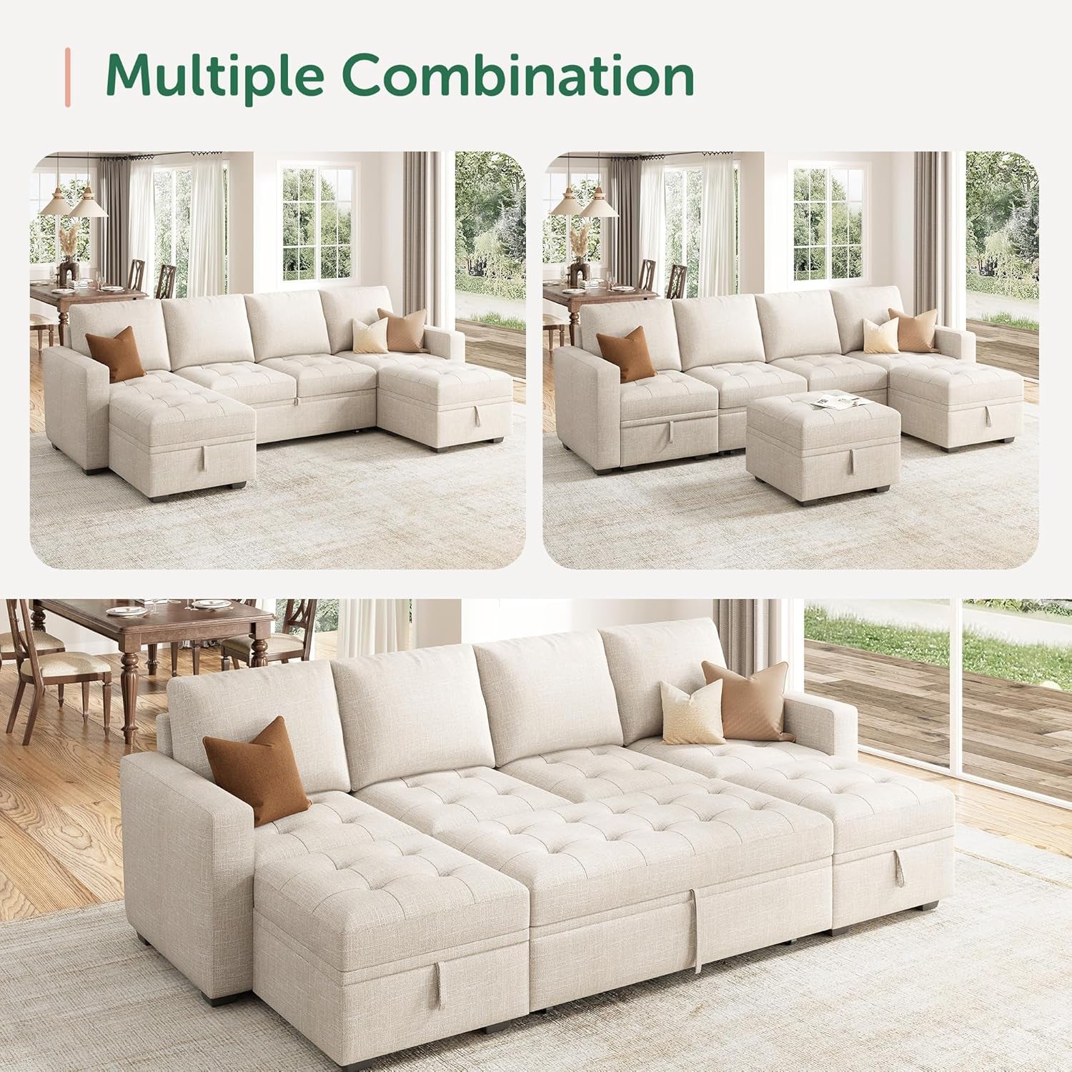 Beige sectional sofa with storage compartments in a living room setting