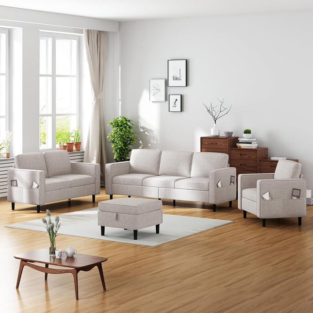 6 Seaters Sectional Upholstered Sofa, Linen Fabric Sofa Couch with Side Pockets, Free Combination Sofa Set with Movable Storage Ottoman, for Living Room-Sofa&Loveseat&Chair&Ottoman,Beige-0