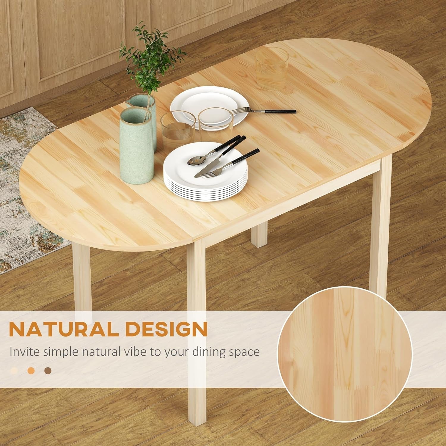 Wooden dining table with kitchenware on a wooden floor, emphasizing a natural design.