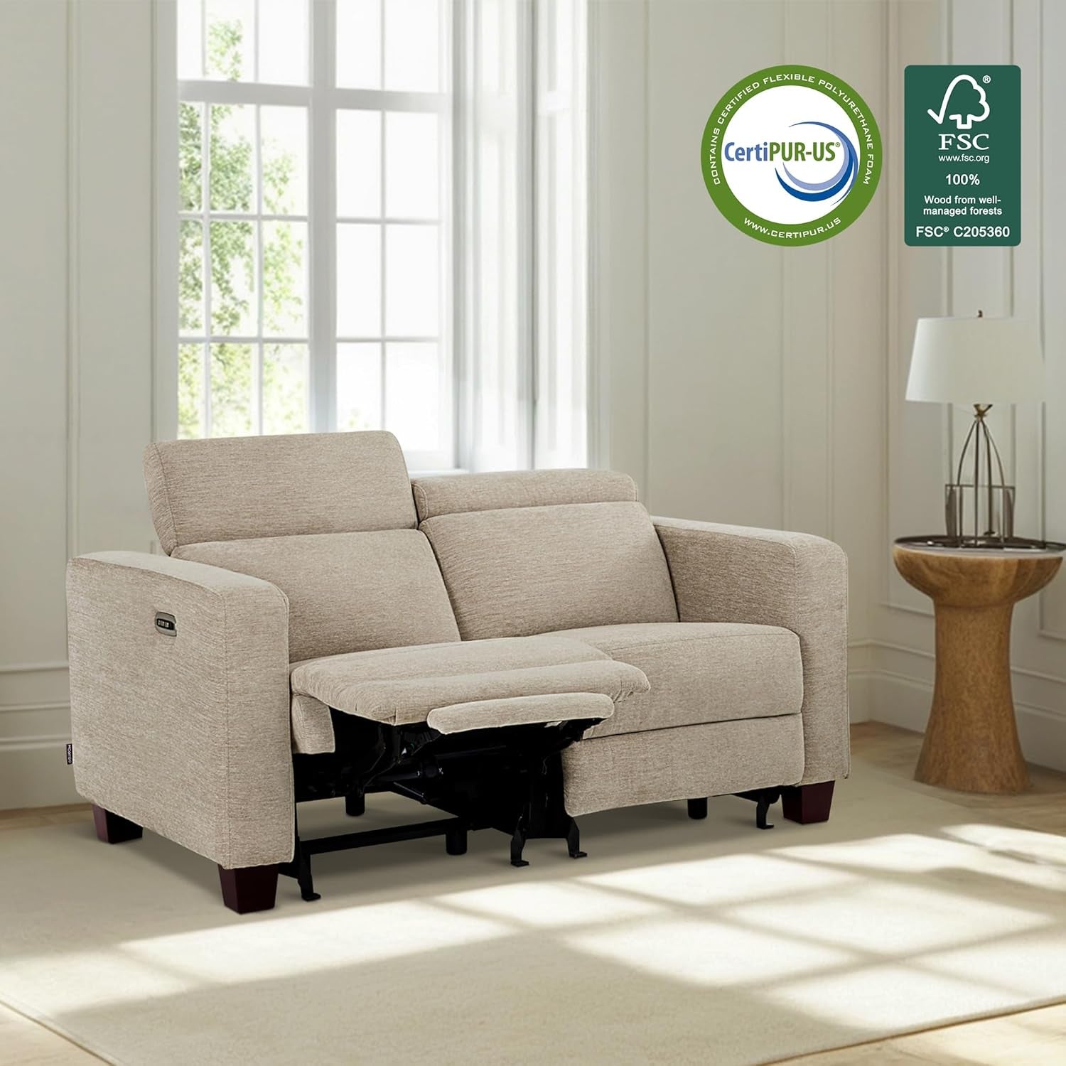 Beige Fabric Wall Hugger Power Loveseat Recliner USB-3