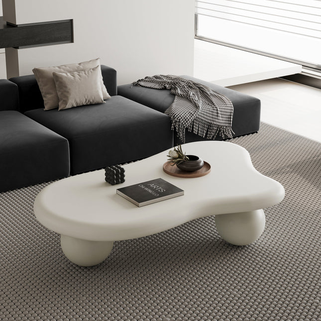 47 Inch Cloud Shaped Coffee Table with 3 Ball Legs for Living Room, Cream White-0