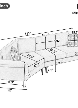 111' Upholstered 3-seater Sofa Curved Sofa Couch with Two Printed Pillows for Living Room, Dark Gray