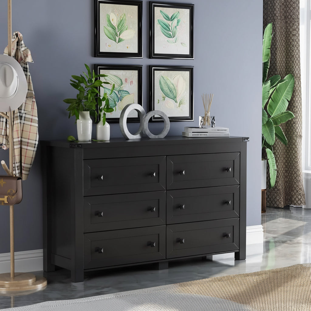 Black dresser in a room with decorative elements and text overlay