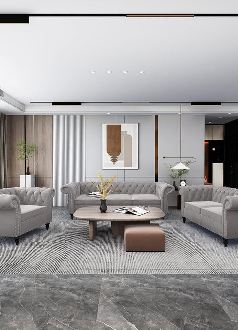 3 Piece Living Room Set, Sectional Chesterfield Sofa Chair Contemporary Upholstered Velvet Loveseat Couch Sets for Living Room, Bedroom, Office-0