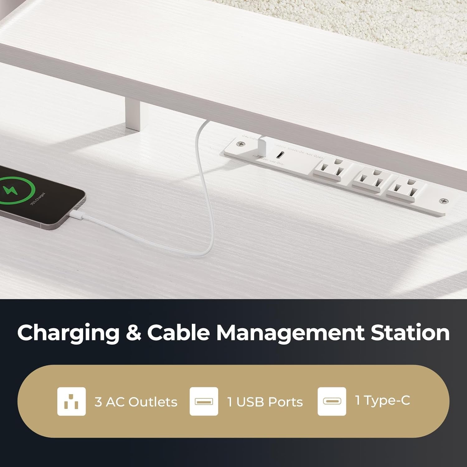 Charging and cable management station with power outlets and USB ports on a desk.